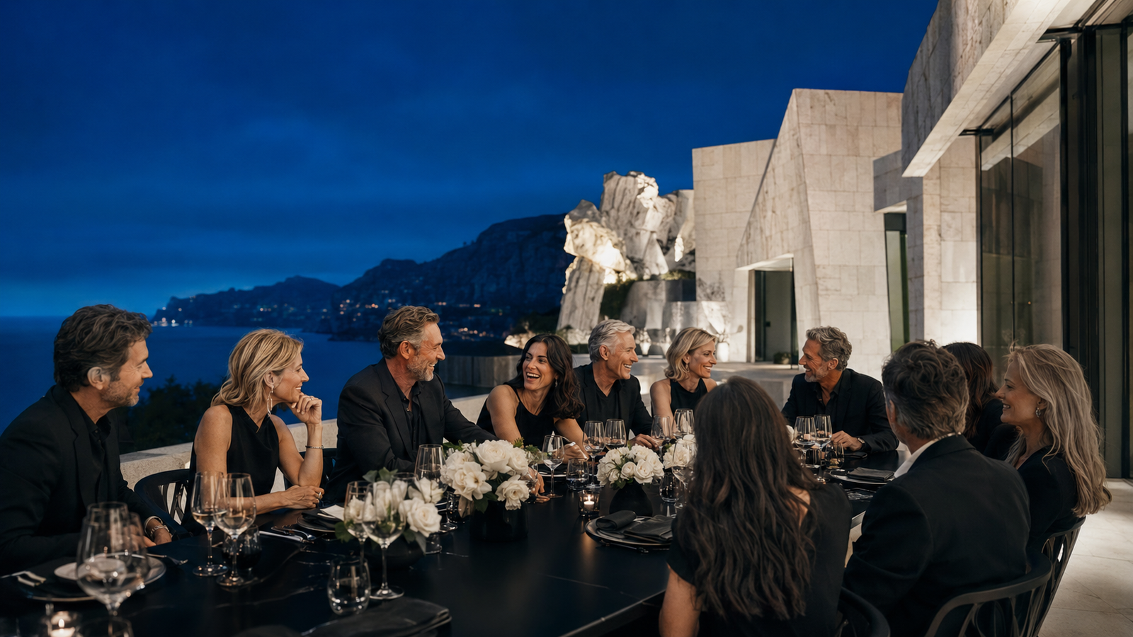 Executives and spouses at an evening retreat dinner overlooking the coast
